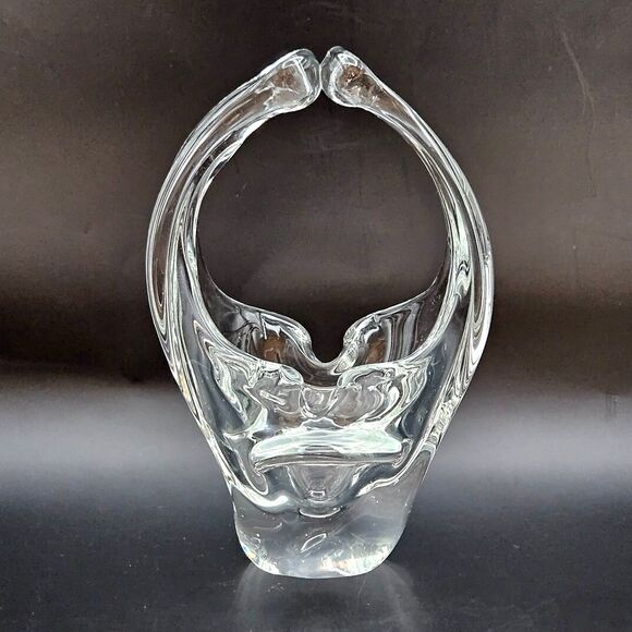 Murano Art Glass Basket Split Handle Hand Blown Clear Art Glass Vintage Abstract - Picture 1 of 10